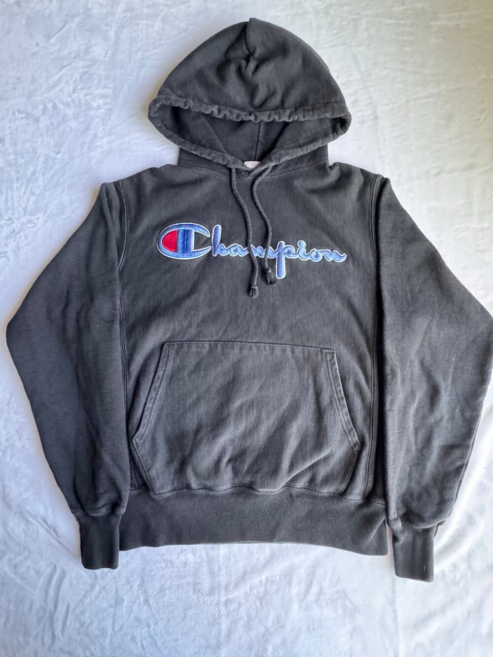 Champion Reverse Weave Hoodie Small Black Chenille Script Logo Pullover GF68